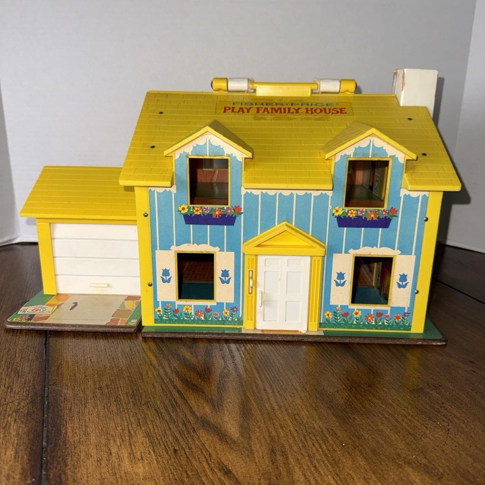 Vintage 1969 Fisher Price Blue & Yellow Little People Play Family House